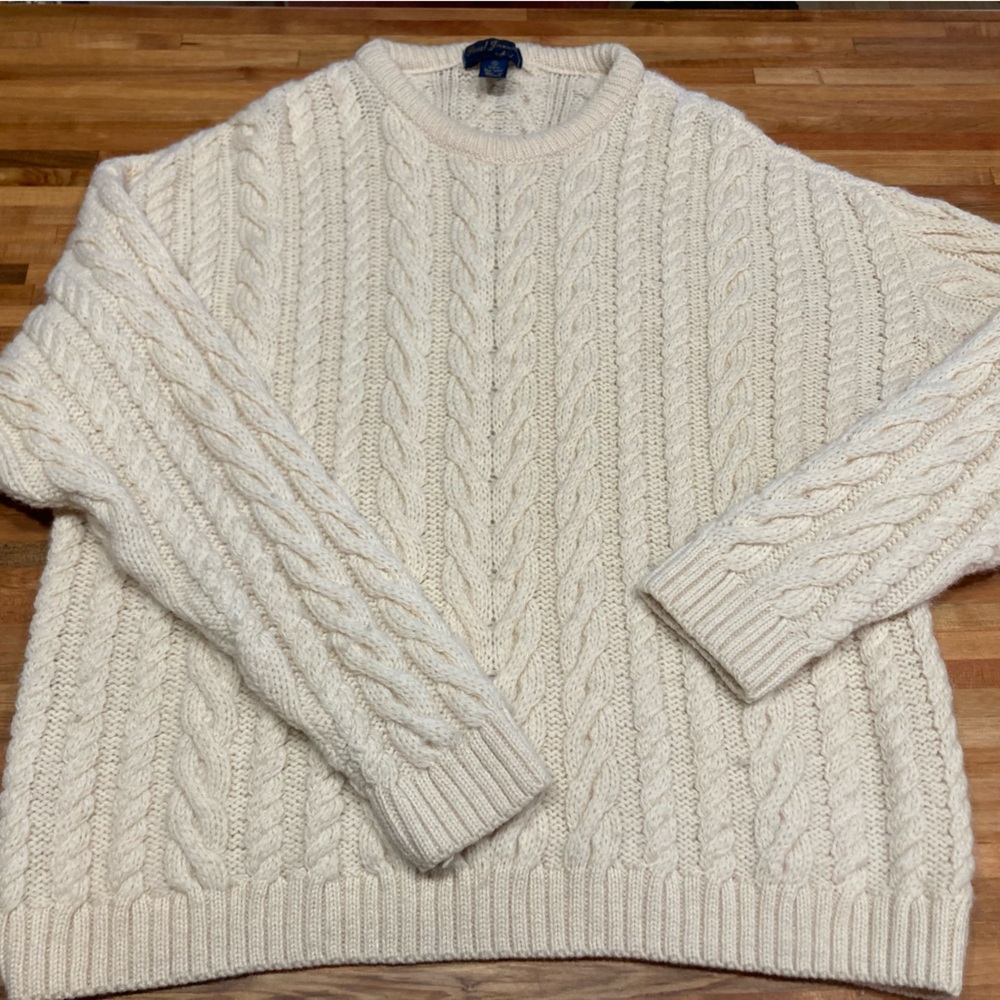 Paul James Cream 100% Wool Made in England Chunky Cable Knit Sweater